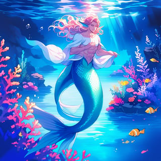 ((best quality)), ((masterpiece)), (detailed), ((perfect face)), male, broad shouldered men, adult, european handsome faces, ((two mermen)), two cheerful mermen are swimming, two merfolks, full bodies, adult, long hair, lean and huge muscular body, finned ears, fins, tail glows slightly with luminous scales, very long mermaid tails, bioluminescent, markings along his body, bright saturated, multicolor, coloring in anime style, interesting seascape, fish, corals, beautiful turquoise clear water, light penetrating through the water, perfect light, anime,watercolor