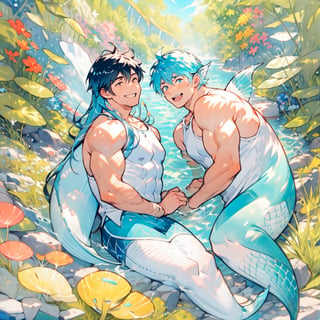 ((best quality)), ((masterpiece)), (detailed), ((perfect face)), male, two cheerful mermen are swimming, two merfolks, adult, long hair, lean and muscular body, finned ears, fins, tail glows slightly with luminous scales, very long mermaid tails, bioluminescent, markings along his body,watercolor, multicolor, perfect light