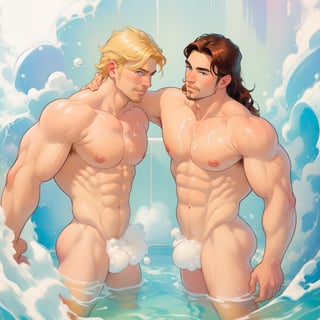 two men (two male), the one man has dark brown (dark hair) long hair, the other man character has short blond hair, blue eyes, they are in the bath in the water, there is foam on the water and there is a lot of foam around, rainbow soap bubbles are flying, white color predominates, no clothing, mature, handsome, muscle, mature, muscular , beefy, masculine, charming, alluring, affectionate eyes, lookat viewer, (perfect anatomy), perfect proportions, best quality, in the bathroom, in the morning, they are surrounded by soap foam, masterpiece, high_resolution, Dutch angle, cowboy shot, bathroom background,no_humans,pastel colors, Oil painting