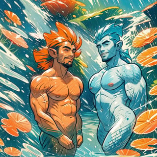 ((best quality)), ((masterpiece)), (detailed), ((perfect face)), male, broad shouldered men, adult, european handsome faces, ((two mermen)), two cheerful mermen are swimming, two merfolks, full bodies, adult, lean and huge muscular body, finned ears, fins, tail glows slightly with luminous scales, very long mermaid tails, bioluminescent, markings along his body, bright saturated, multicolor, coloring in anime style, interesting seascape, fish, corals, beautiful turquoise clear water, light penetrating through the water, perfect light, anime,<lora:659111690174031528:1.0>