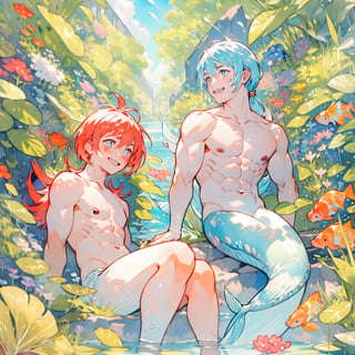 ((best quality)), ((masterpiece)), (detailed), ((perfect face)), male, two cheerful mermen are swimming, two merfolks, adult, long hair, lean and muscular body, finned ears, fins, tail glows slightly with luminous scales, very long mermaid tails, bioluminescent, markings along his body,watercolor, multicolor, perfect light