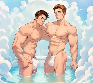 two men (two male), the one man has dark brown (dark hair) long hair, the other man character has short blond hair, blue eyes, they are in the bath in the water, there is foam on the water and there is a lot of foam around, rainbow soap bubbles are flying, white color predominates, no clothing, mature, handsome, muscle, mature, muscular , beefy, masculine, charming, alluring, affectionate eyes, lookat viewer, (perfect anatomy), perfect proportions, best quality, in the bathroom, white colors, in the morning, they are surrounded by soap foam, masterpiece, high_resolution, Dutch angle, cowboy shot, bathroom background