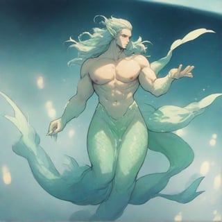 ((best quality)), ((masterpiece)), (detailed), ((perfect face)), male, full bodies, broad shouldered men, huge muscular, european handsome face, two cheerful mermen are swimming, two merfolks, adult, long hair, lean and muscular body, finned ears, fins, tail glows slightly with luminous scales, very long mermaid tails, bioluminescent, markings along his body,watercolor, multicolor, perfect light