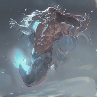 ((best quality)), ((masterpiece)), (detailed), ((perfect face)), male, full bodies, body builder men, huge muscular, european handsome face, two cheerful mermen are swimming, two merfolks, adult, long hair, lean and muscular body, finned ears, fins, tail glows slightly with luminous scales, very long mermaid tails, bioluminescent, markings along his body,watercolor, multicolor, perfect light