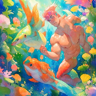  ((best quality)), ((masterpiece)), (detailed), ((perfect face)), male, two mermen are swimming, two merfolks, adult, long hair, lean and muscular body, finned ears, fins, tail glows slightly with luminous scales, very long mermaid tails, bioluminescent, markings along his body,watercolor, multicolor, perfect light