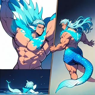 ((best quality)), ((masterpiece)), (detailed), ((perfect face)), male, broad shouldered men, european handsome faces, two cheerful mermen are swimming, two merfolks, full bodies, adult, long hair, lean and huge muscular body, finned ears, fins, tail glows slightly with luminous scales, very long mermaid tails, bioluminescent, markings along his body,watercolor, multicolor, perfect light,ani_booster,comic book