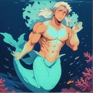 ((best quality)), ((masterpiece)), (detailed), ((perfect face)), male, broad shouldered men, adult, european handsome faces, ((two mermen)), two cheerful mermen are swimming, two merfolks, full bodies, adult, long hair, lean and huge muscular body, finned ears, fins, tail glows slightly with luminous scales, very long mermaid tails, bioluminescent, markings along his body, bright saturated, multicolor, coloring in anime style, interesting seascape, fish, corals, beautiful turquoise clear water, light penetrating through the water, perfect light, anime,<lora:659095807385103906:1.0>