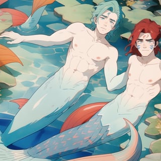 ((best quality)), ((masterpiece)), (detailed), ((perfect face)), male, two mermen are swimming, two merfolks, lean and muscular body, finned ears, fins, tail glows slightly with luminous scales, very long mermaid tail, bioluminescent, markings along his body,watercolor,perfect light,Granat