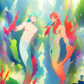  ((best quality)), ((masterpiece)), (detailed), ((perfect face)), male, two happy mermen are swimming, two merfolks, adult, long hair, lean and muscular body, finned ears, fins, tail glows slightly with luminous scales, very long mermaid tails, bioluminescent, markings along his body,watercolor, multicolor, perfect light,portrait