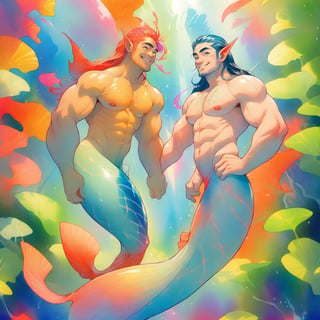  ((best quality)), ((masterpiece)), (detailed), ((perfect face)), male, two happy mermen are swimming, two merfolks, adult, long hair, lean and muscular body, finned ears, fins, tail glows slightly with luminous scales, very long mermaid tails, bioluminescent, markings along his body,watercolor, multicolor, perfect light,portrait