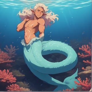 ((best quality)), ((masterpiece)), (detailed), ((perfect face)), male, broad shouldered men, adult, european handsome faces, ((two mermen)), two cheerful mermen are swimming, two merfolks, full bodies, adult, long hair, lean and huge muscular body, finned ears, fins, tail glows slightly with luminous scales, very long mermaid tails, bioluminescent, markings along his body, bright saturated, multicolor, coloring in anime style, interesting seascape, fish, corals, beautiful turquoise clear water, light penetrating through the water, perfect light, anime,animeart,<lora:659095807385103906:1.0>