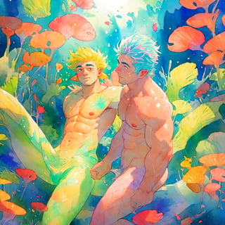  ((best quality)), ((masterpiece)), (detailed), ((perfect face)), male, two mermen are swimming, two merfolks, adult, long hair, lean and muscular body, finned ears, fins, tail glows slightly with luminous scales, very long mermaid tails, bioluminescent, markings along his body,watercolor, multicolor, perfect light