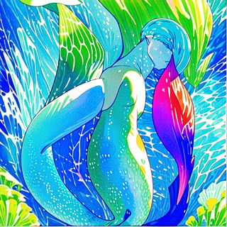 ((best quality)), ((masterpiece)), (detailed), ((perfect face)), male, two cheerful mermen are swimming, two merfolks, adult, long hair, lean and muscular body, finned ears, fins, tail glows slightly with luminous scales, very long mermaid tails, bioluminescent, markings along his body,watercolor, multicolor, perfect light,,<lora:659111690174031528:1.0>,<lora:659111690174031528:1.0>