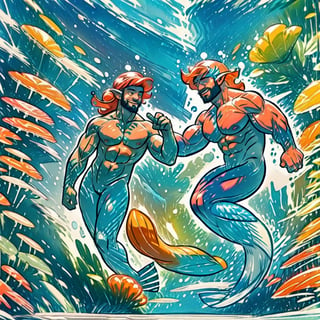 ((best quality)), ((masterpiece)), (detailed), ((perfect face)), male, broad shouldered men, adult, european handsome faces, ((two mermen)), two cheerful mermen are swimming, two merfolks, full bodies, adult, lean and huge muscular body, finned ears, fins, tail glows slightly with luminous scales, very long mermaid tails, bioluminescent, markings along his body, bright saturated, multicolor, coloring in anime style, interesting seascape, fish, corals, beautiful turquoise clear water, light penetrating through the water, perfect light, anime,<lora:659111690174031528:1.0>,<lora:659111690174031528:1.0>