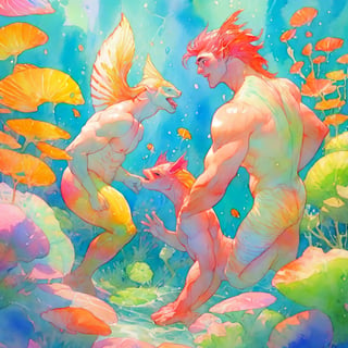  ((best quality)), ((masterpiece)), (detailed), ((perfect face)), male, two mermen are swimming, two merfolks, adult, long hair, lean and muscular body, finned ears, fins, tail glows slightly with luminous scales, very long mermaid tails, bioluminescent, markings along his body,watercolor, multicolor, perfect light