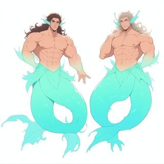 ((best quality)), ((masterpiece)), (detailed), ((perfect face)), male, full bodies, body builder men, huge muscular, european handsome face, two cheerful mermen are swimming, two merfolks, adult, long hair, lean and muscular body, finned ears, fins, tail glows slightly with luminous scales, very long mermaid tails, bioluminescent, markings along his body,watercolor, multicolor, perfect light,watercolor,liu_mi,<lora:659095807385103906:1.0>