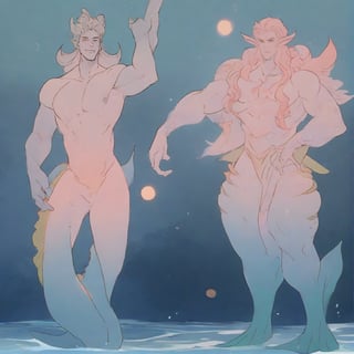 ((best quality)), ((masterpiece)), (detailed), ((perfect face)), male, full bodies, broad shouldered men, huge muscular, european handsome face, two cheerful mermen are swimming in blue water, two merfolks, adult, long hair, lean and muscular body, finned ears, fins, tail glows slightly with luminous scales, very long mermaid tails, bioluminescent, markings along his body,watercolor, multicolor, perfect light