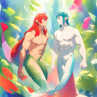  ((best quality)), ((masterpiece)), (detailed), ((perfect face)), male, two happy mermen are swimming, two merfolks, adult, long hair, lean and muscular body, finned ears, fins, tail glows slightly with luminous scales, very long mermaid tails, bioluminescent, markings along his body,watercolor, multicolor, perfect light,portrait,CrclWc