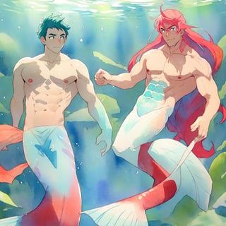  ((best quality)), ((masterpiece)), (detailed), ((perfect face)), male, two mermen are swimming, two merfolks, adult, long hair, lean and muscular body, finned ears, fins, tail glows slightly with luminous scales, very long mermaid tails, bioluminescent, markings along his body,watercolor, multicolor, perfect light