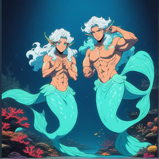 ((best quality)), ((masterpiece)), (detailed), ((perfect face)), male, broad shouldered men, european handsome faces, ((two mermen)), two cheerful mermen are swimming, two merfolks, full bodies, adult, long hair, lean and huge muscular body, finned ears, fins, tail glows slightly with luminous scales, very long mermaid tails, bioluminescent, markings along his body, bright saturated, multicolor, coloring in anime style, interesting seascape, fish, corals, beautiful turquoise clear water, light penetrating through the water, perfect light,animeart,,<lora:659095807385103906:1.0>