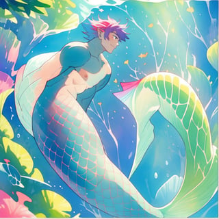 ((best quality)), ((masterpiece)), (detailed), ((perfect face)), male, two cheerful mermen are swimming, two merfolks, adult, long hair, lean and muscular body, finned ears, fins, tail glows slightly with luminous scales, very long mermaid tails, bioluminescent, markings along his body,watercolor, multicolor, perfect light,,<lora:659111690174031528:1.0>