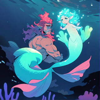 ((best quality)), ((masterpiece)), (detailed), ((perfect face)), male, broad shouldered men, european handsome faces, ((two mermen)), two cheerful mermen are swimming, two merfolks, full bodies, adult, long hair, lean and huge muscular body, finned ears, fins, tail glows slightly with luminous scales, very long mermaid tails, bioluminescent, markings along his body, bright saturated, multicolor, coloring in anime style, interesting seascape, fish, corals, beautiful turquoise clear water, light penetrating through the water, perfect light