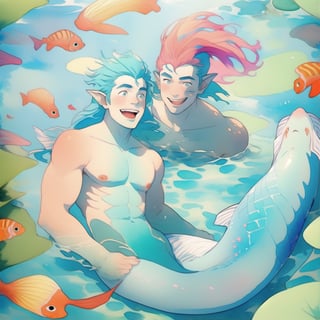 ((best quality)), ((masterpiece)), (detailed), ((perfect face)), male, two cheerful mermen are swimming, two merfolks, adult, long hair, lean and muscular body, finned ears, fins, tail glows slightly with luminous scales, very long mermaid tails, bioluminescent, markings along his body,watercolor, multicolor, perfect light