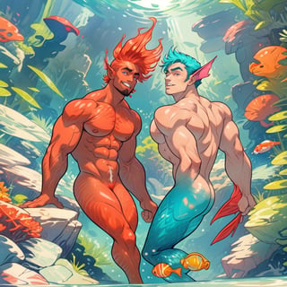 ((best quality)), ((masterpiece)), (detailed), ((perfect face)), male, broad shouldered men, adult, european handsome faces, ((two mermen)), two cheerful mermen are swimming, two merfolks, full bodies, adult, lean and huge muscular body, finned ears, fins, tail glows slightly with luminous scales, very long mermaid tails, bioluminescent, markings along his body, bright saturated, multicolor, coloring in anime style, interesting seascape, fish, corals, beautiful turquoise clear water, light penetrating through the water, perfect light, anime,<lora:659111690174031528:1.0>