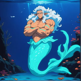 ((best quality)), ((masterpiece)), (detailed), ((perfect face)), male, broad shouldered men, european handsome faces, ((two mermen)), two cheerful mermen are swimming, two merfolks, full bodies, adult, long hair, lean and huge muscular body, finned ears, fins, tail glows slightly with luminous scales, very long mermaid tails, bioluminescent, markings along his body, bright saturated, multicolor, coloring in anime style, interesting seascape, fish, corals, beautiful turquoise clear water, light penetrating through the water, perfect light,animeart,,,<lora:659095807385103906:1.0>