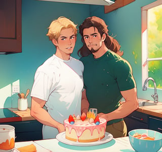 two men (two male), the one man has dark brown (dark hair) long hair, the other man character has short blond hair, blue eyes, they are eating cake, comfortable kitchen, motning, light color predominates, mature, handsome, 
 charming, alluring, affectionate eyes, lookat viewer, (perfect anatomy), perfect proportions, best quality, masterpiece, high_resolution, Dutch angle, cowboy shot, kitchen background,tanigaki,watercolor