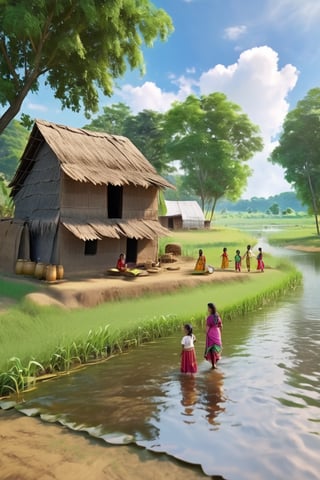 A riverside, with a  house. girls and boy are playing. In the back, mom and dad farm...t.(indian style).3D,rha30