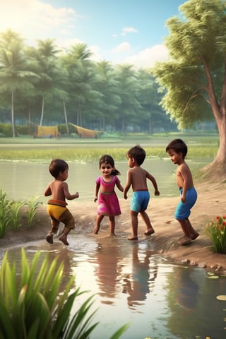 Little boys and girls playing happily on the shore of the pond, with their feet in the mud..t.(indian style).3D,rha30