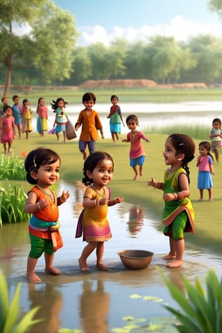 Little boys and girls playing happily on the shore of the pond, with their feet in the mud..t.(indian style).3D,rha30