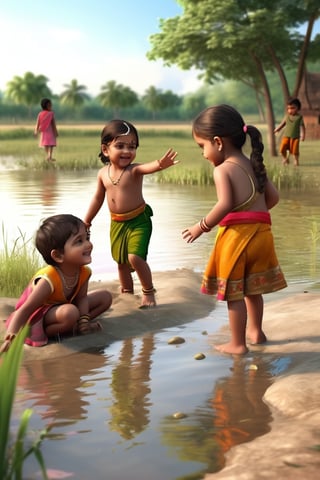 Little boys and girls playing happily on the shore of the pond, with their feet in the mud..t.(indian style).3D,rha30