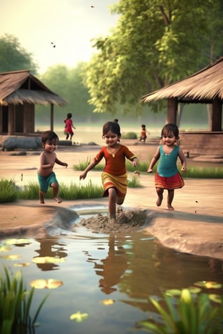 Little boys and girls playing happily on the shore of the pond, with their feet in the mud..t.(indian style).3D,rha30