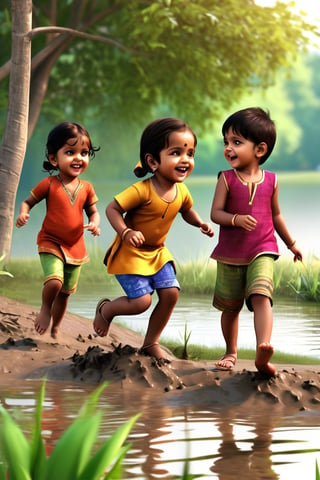 Little boys and girls playing happily on the shore of the pond, with their feet in the mud..t.(indian style).3D,rha30