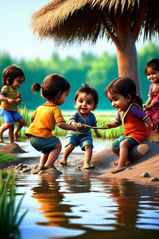 Little boys and girls playing happily on the shore of the pond, with their feet in the mud..t.(indian style).3D,rha30