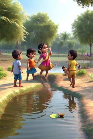 Little boys and girls playing happily on the shore of the pond, with their feet in the mud..t.(indian style).3D,rha30