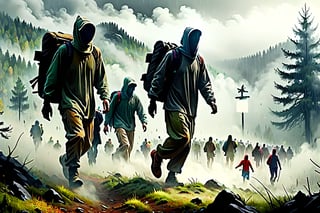 Dense mountain forest.
Refugees, crowds of people disappear into the foggy smoke.
 Heavy rain..
, in the style of Esau Andrews.