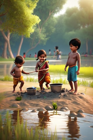 Little boys and girls playing happily on the shore of the pond, with their feet in the mud..t.(indian style).3D,rha30