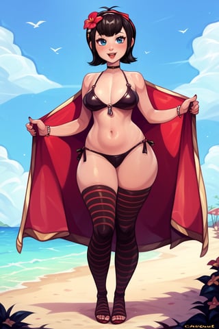 score_9, score_8_up, score_7_up, score_6_up, mavis from hotel transylvania, bikini, flower on head, on the beach, standing, greeting viewer, looking at viewer, cyancapsule