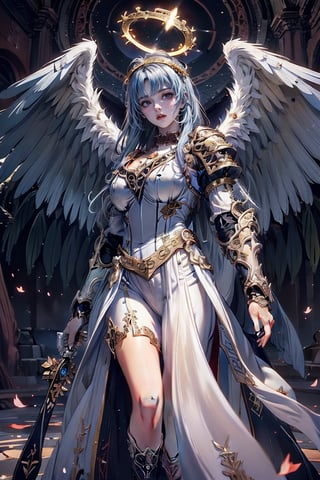 triumphant demon girl, roccoco irridescent fallen demon, cute young angel girl, reah, long blue hair, black large wings, paradise, angel beaty, beatiful, 8k, oktavian render, high quality, masterpiece, dynamic pose, hot girl, praising, dark background, nimb, cinemathic scene, shiny, an angel wearing gold, red and silver crystal armor, heaven background, glowing halo around head, white feathered wings, centered key visual highly detailed breathtaking beauty precise lineart vibrant comprehensive cinematic, dynamic pose, best quality, 8k, golden hour,angel_wings