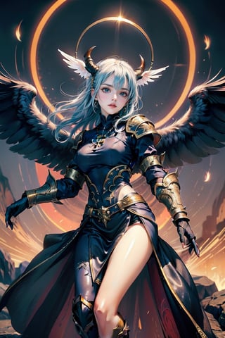 triumphant demon girl, roccoco irridescent fallen demon, cute young angel girl, reah, long blue hair, black large wings, paradise, angel beaty, beatiful, 8k, oktavian render, high quality, masterpiece, dynamic pose, hot girl, praising, dark background, nimb, cinemathic scene, shiny, an angel wearing gold, red and silver crystal armor, heaven background, glowing halo around head, white feathered wings, centered key visual highly detailed breathtaking beauty precise lineart vibrant comprehensive cinematic, dynamic pose, best quality, 8k, golden hour,angel_wings,demonhorns,Demon,demon girl,SMTAngel,angel,KOFAngel