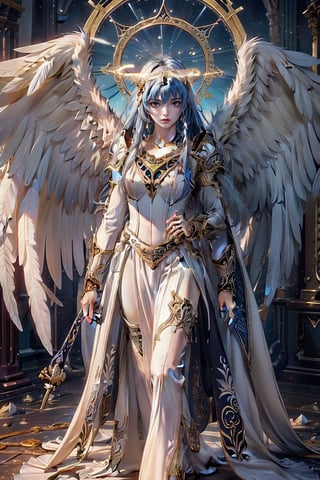 triumphant angel girl, roccoco irridescent fallen angel, cute young angel girl, reah, long blue hair, white large wings, paradise, angel beaty, beatiful, 8k, oktavian render, high quality, masterpiece, dynamic pose, hot girl, praising, dark background, nimb, cinemathic scene, shiny, an angel wearing gold and silver crystal armor, heaven background, glowing halo around head, white feathered wings, centered key visual highly detailed breathtaking beauty precise lineart vibrant comprehensive cinematic, dynamic pose, best quality, 8k, golden hour,angel_wings