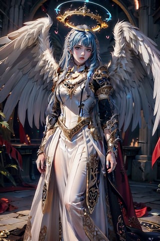 triumphant demon girl, roccoco irridescent fallen demon, cute young angel girl, reah, long blue hair, black large wings, paradise, angel beaty, beatiful, 8k, oktavian render, high quality, masterpiece, dynamic pose, hot girl, praising, dark background, nimb, cinemathic scene, shiny, an angel wearing gold, red and silver crystal armor, heaven background, glowing halo around head, white feathered wings, centered key visual highly detailed breathtaking beauty precise lineart vibrant comprehensive cinematic, dynamic pose, best quality, 8k, golden hour,angel_wings