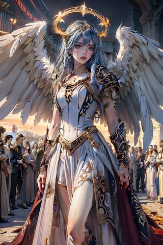 triumphant angel girl, roccoco irridescent fallen angel, cute young angel girl, reah, long blue hair, red large wings, paradise, angel beaty, beatiful, 8k, oktavian render, high quality, masterpiece, dynamic pose, hot girl, praising, dark background, nimb, cinemathic scene, shiny, an angel wearing gold, red and silver crystal armor, heaven background, glowing halo around head, white feathered wings, centered key visual highly detailed breathtaking beauty precise lineart vibrant comprehensive cinematic, dynamic pose, best quality, 8k, golden hour,angel_wings