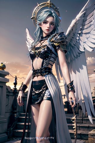 triumphant demon girl, roccoco irridescent fallen demon, cute young angel girl, reah, long blue hair, black large wings, paradise, angel beaty, beatiful, 8k, oktavian render, high quality, masterpiece, dynamic pose, hot girl, praising, dark background, nimb, cinemathic scene, shiny, an angel wearing gold, red and silver crystal armor, heaven background, glowing halo around head, white feathered wings, centered key visual highly detailed breathtaking beauty precise lineart vibrant comprehensive cinematic, dynamic pose, best quality, 8k, golden hour,angel_wings,demonhorns,Demon,demon girl,SMTAngel