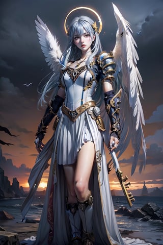 triumphant demon girl, roccoco irridescent fallen demon, cute young angel girl, reah, long blue hair, black large wings, paradise, angel beaty, beatiful, 8k, oktavian render, high quality, masterpiece, dynamic pose, hot girl, praising, dark background, nimb, cinemathic scene, shiny, an angel wearing gold, red and silver crystal armor, heaven background, glowing halo around head, white feathered wings, centered key visual highly detailed breathtaking beauty precise lineart vibrant comprehensive cinematic, dynamic pose, best quality, 8k, golden hour,angel_wings,demonhorns,Demon,demon girl