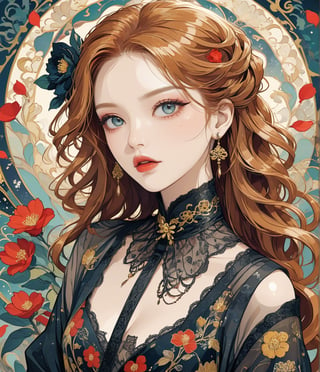 Masterpiece, 4K, ultra detailed, modern anime style, beautiful female singer with flawless dark makeup, beautiful detailed eyes and glossy lips, golden earring, wavy long ginger hair, sheer lace robe, romantic flower petals, windy, depth of field, SFW, more detail XL, punk art style,huayu, art Nouveau Style, ukiyoe art style,