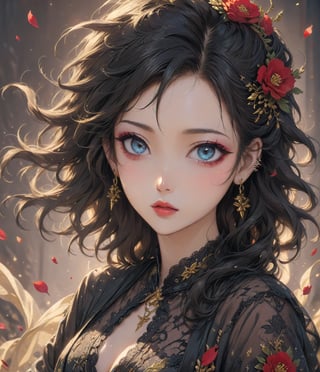 Masterpiece, 4K, ultra detailed, modern anime style, beautiful female singer with flawless makeup, beautiful detailed eyes and glossy lips, golden earring, wavy hair, sheer lace robe, romantic flower petals, windy, depth of field, SFW, more detail XL, punk art style,huayu